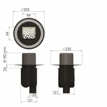 Трап водосток PLATZ Antik 100х100 нержавеющая сталь , решетка матовый хром 090060 Трап водосток PLATZ Antik 100х100 нержавеющая сталь , решетка матовый хром 090060