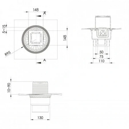 Трап водосток ZENTRUM Norma 150х150 нержавеющая сталь , решетка матовый хром 090463 Трап водосток ZENTRUM Norma 150х150 нержавеющая сталь , решетка матовый хром 090463