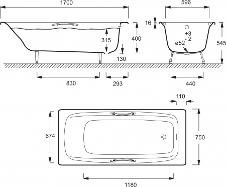 Чугунная ванна Jacob Delafon Diapason 170x75, с ручками + ножки и слив-перелив Чугунная ванна Jacob Delafon Diapason 170x75, с ручками + ножки и слив-перелив