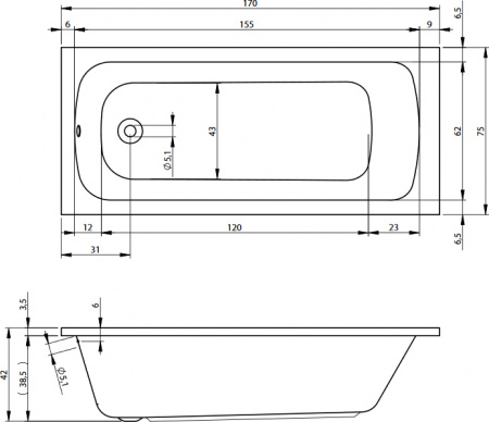 Акриловая ванна Riho Milano 170x75 Акриловая ванна Riho Milano 170x75