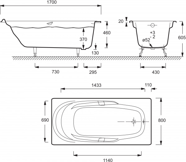 Чугунная ванна Jacob Delafon Adagio 170x80, с ручками + ножки и слив-перелив