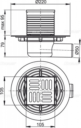 Трап для душа AlcaPlast 105 × 105/50, подводка – боковая, решетка – нержавеющая сталь, гидрозатвор – мокрый  APV1311 Трап для душа AlcaPlast 105 × 105/50, подводка – боковая, решетка – нержавеющая сталь, гидрозатвор – мокрый  APV1311