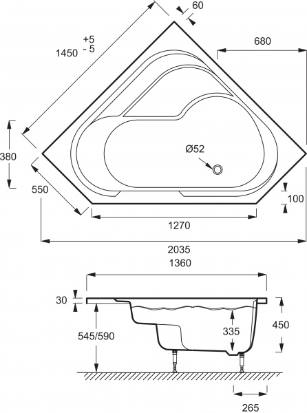 Акриловая ванна Jacob Delafon Bain-Douche 145х145 R + слив-перелив